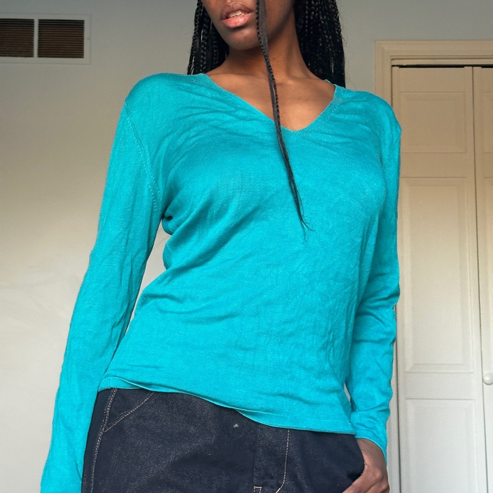 Express Turquoise Long Sleeve V-Neck Top
